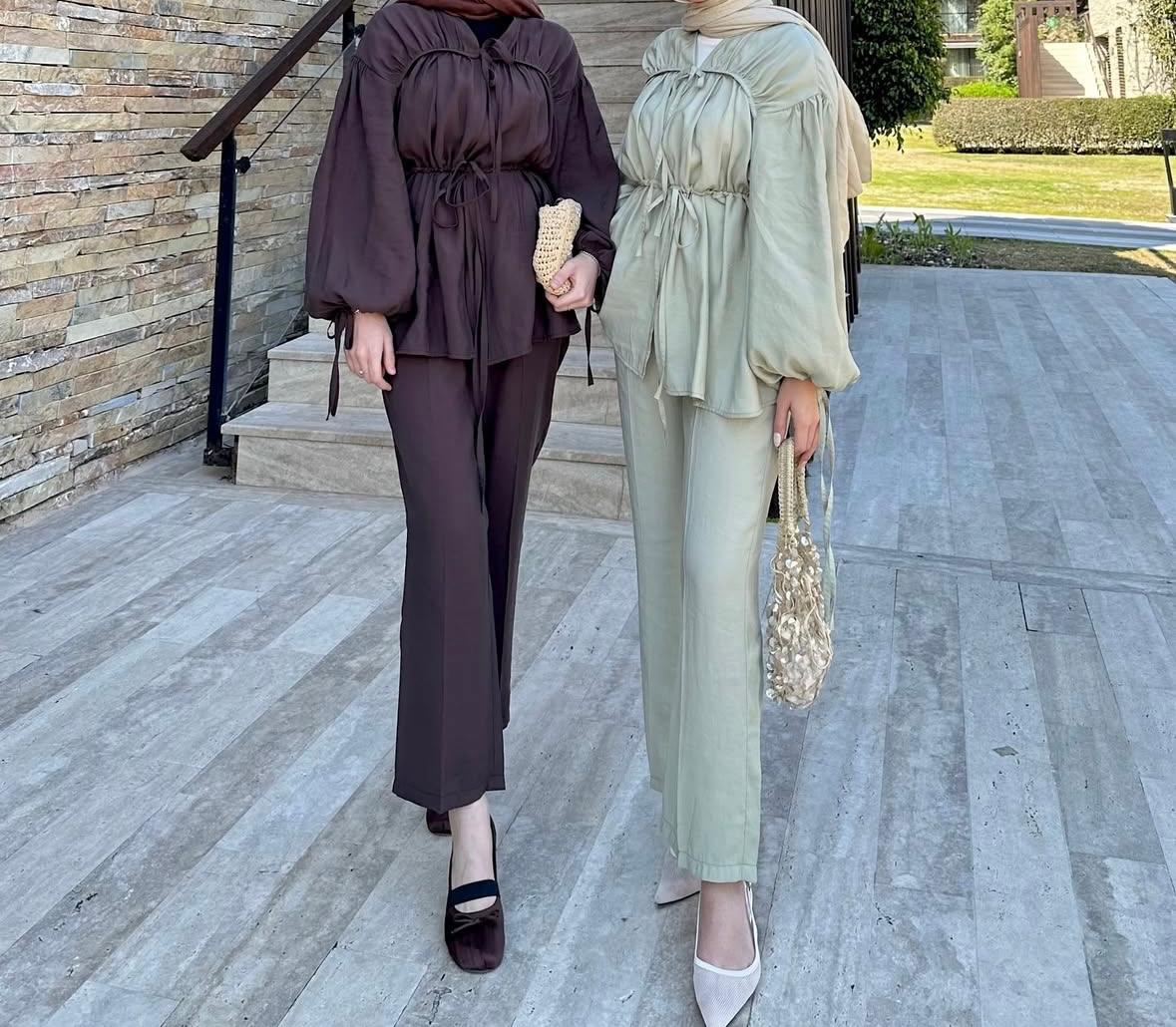 Brown Ruched Tencel Fabric Pants Set