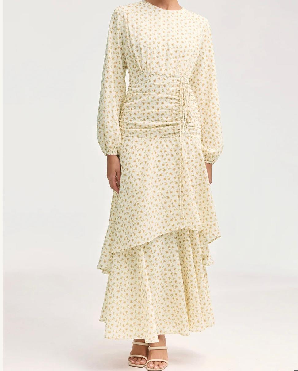 Narjis Side Rouched Maxi Dress-Beige Floral Woven Fabric