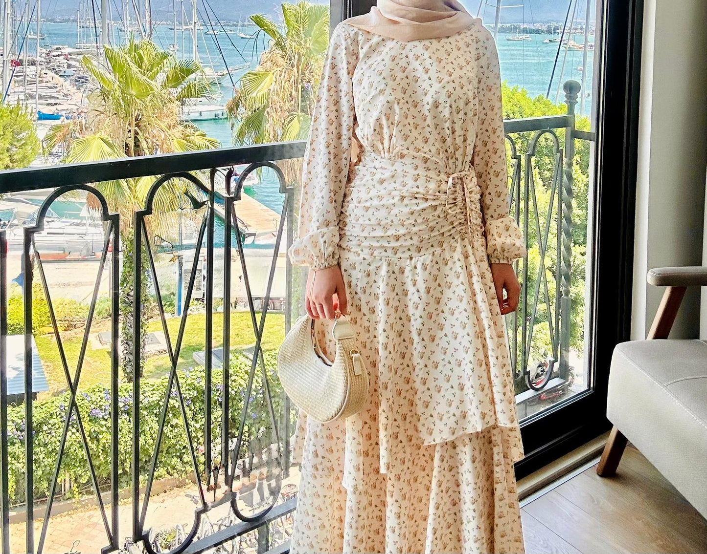 Narjis Side Rouched Maxi Dress-Beige Floral Woven Fabric