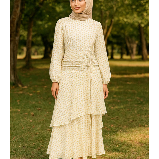 Narjis Side Rouched Maxi Dress-Beige Floral Woven Fabric