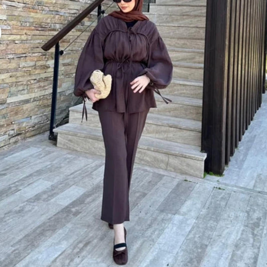 Brown Ruched Tencel Fabric Pants Set